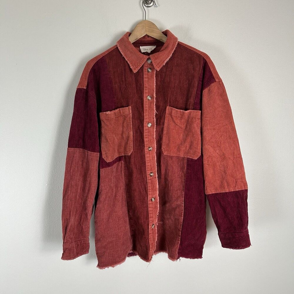 Oli & Hali Patchwork Shacket Red Corduroy Button Up Shirt Jacket Oversized L